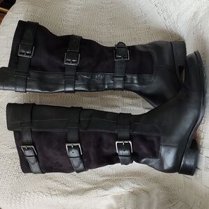 COLE HAAN Air Avalon Buckle Black Leather Suede Pull On Riding Boots